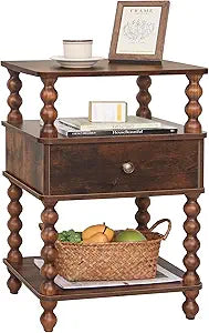 AWASEN Night Stand, Bed Side Table Bedroom with Drawer, 3-Tier Small Nightstand End Table with Storage for Small Spaces &Solid Wood Spindle Legs, Rustic Brown