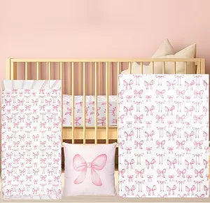 HunnmingRe Pink Bow Baby Crib Bedding Set for Infant Standard Bed