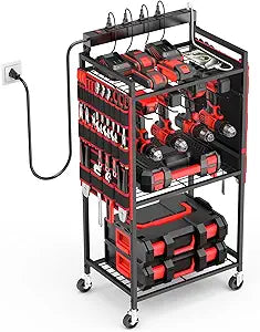 JUNNUJ Garage Large Power Tool Organizer Cart with 8 Outlet 3 USB Charging Station, Floor Rolling Drill and Tools Battery Storage Cart on Wheels, Heavy Duty Utility Rack Shelf with Power Strip