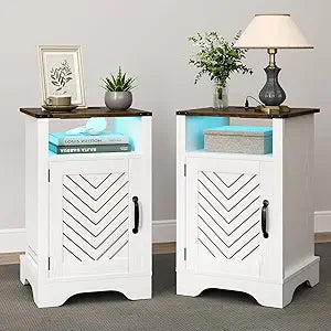 RoyalCraft Farmhouse Nightstand Set of 2, End Table with LED Lights and Charging Station, Tall Bedside Table with Large Storage and Shelf, Wooden Side Table for Bedroom, Home Office, White and Oak