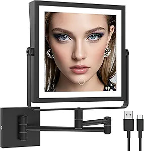 Ruacq Rechargeable Wall Mounted Makeup Mirror with Lights, Double Sided 1X/7X Magnifying Vanity Mirror with 3 Color Lighting, Touch Screen Dimmable, 360 Rotation Extension Foldable Arm(Matte Black)