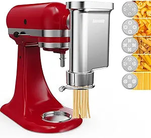 Metal Gourmet Pasta Press Attachment for KitchenAid Stand Mixer Durable Pasta Maker Attachment with 5 Interchangeable Plates for Spaghetti, Bucatini, Fusilli, Large & Small Macaroni