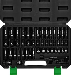 TecoTek 3/8" Drive Impact Socket Set, 49-Piece Standard SAE (5/16"-3/4") and Metric (8mm-22mm), 6 Point, Cr-V, Extension Bars, 1/2" F to 3/8" M Reducer, Universal Joint and Power Drill Adapter