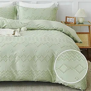 EMME Duvet Cover Queen Size, Boho Tufted Comforter Cover, 3 Pieces Embroidery Chic Bedding Set for All Seasons, 1 Duvet Cover + 2 Pillowcases (Sage Green, Queen)