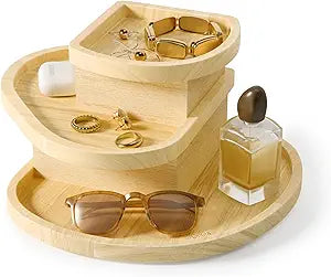 Umbra Cove Storage Box 3-Tier Stackable Jewelry Organizer with Linen-Lined Compartments, Wood Tone Finish, Modern Decorative Storage for Dresser, Nightstand, or Vanity, Natural