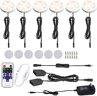AIBOO 12V LED Under Cabinet Lights Kit 6 Pack Black Cord Aluminum Puck Lights for Kitchen Counter Closet Lighting with Wireless Dimmable RF Remote Control 6 Lights 12W (2700K Warm White)
