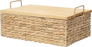 Water Hyacinth Wicker Storage Baskets with Wooden Lid (Large)