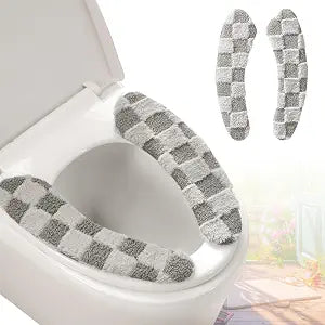Thick and Warm Plush Toilet Seat Cover Washable, Reusable Cushion with TPR Adhesive & Checkered Pattern for Comfort & Insulation (Grey)