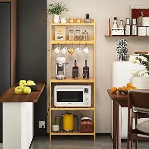 Trironsun Bamboo Bakers Rack with Charging Station 5-Tier Microwave Stand with Open Storage Shelves with 10 S-Shaped Hooks Coffee Bar Table Kitchen Utility Storage Shelf (Nature)