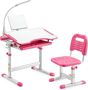 Diroan Kids Functional Desk and Chair Set, Ergonomic Height Adjustable Children School Study Desk with Tilt Desktop, Book Stand, LED Light, Metal Hook and Storage Drawer for Boys Girls(Pink)