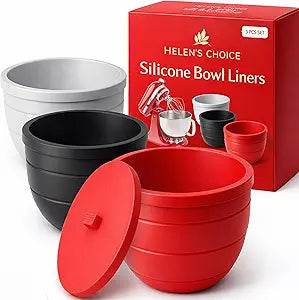 Helen's Choice Non-Sticky Extra Thick Silicone Bowl Liners for KitchenAid 5 Qt Stand Mixer Reusable Silicone Inserts with Lids for Easy Dough Prep & Storage, Dishwasher Safe Food-Grade (Pack of 3)