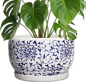 SQOWL Ceramic Pots for Plants - 10 Inch Ceramic Flower Pots with Drainage Hole and Saucer, Round Large Planter Indoor, Decorative Porcelain Planter Outdoor, Home Decor, Birthday Gifts, Blue and White
