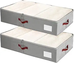 Criusia Under Bed Storage Bins with Clear PVC Lids 2 Pack Large Underbed Organizers with Heavy-Duty Handles, Reinforced with 800G PP Panels & 80G Non-Woven Fabric Waterproof & Foldable, Gery