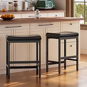 RALGEND Bar Stools, Counter Height Bar Stools Set of 2, 24" Saddle Barstools with Curved Surface, Counter Stools with Footrest, Kitchen Stools with Thick Upholstery, for Dinning Cafe, Black 6801BYP2BB