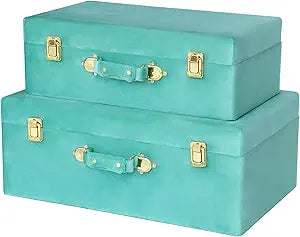 HofferRuffer Velvet Storage Trunks with Wood Frame, Set of 2 Storage Chests with Handles, Bedroom Organizer Nesting Upholstered Decorative Boxes Hinged Lid with Gold Hardware Accents (Green Trunks)