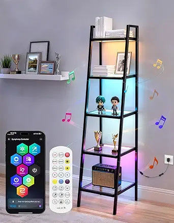 5-Tier Glass Display Shelf with RGB Light, 67" Ladder Bookshelf, Music Sync & 3 CCT, Dimmable App/Remote, Modern Freestanding Corner Storage Rack, Metal Organizer for Living Room Home Office, Black