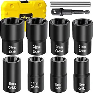 Topec Bolt Extractor Set, 10 Piece Lug Nut Remover Socket Tool, 1/2" Drive Impact Wheel Lock Removal Kit for Removing Damaged, Dead, Rusted, Rounded-Off Bolts, Lug Nuts & Screws