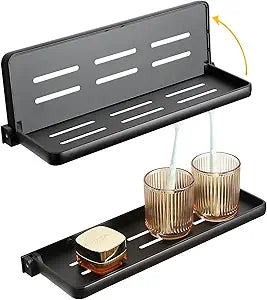 Folding Wall Shelf for Bathroom | 2-Tier Folding Metal Shelves | 90 Fold Up | Wall Mounted Drop Down Floating Shelf for Rv, Laundry Room, Toilet Room, Waterproof(2-Pack, Black)