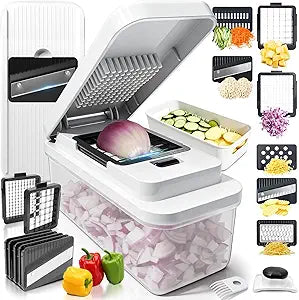 14-In-1 Chopper Vegetable Cutter with 7 Blades, Vegetable Chopper with Container and Lid, Mandoline Slicer for Kitchen, Veggie Slicer for Salad, Cheese Grater, Kitchen Gadgets Accessories Essentials