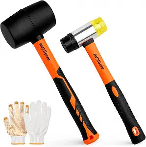 AV Steel 2-Pack Rubber Mallet Hammer Set, 16oz Rubber Hammer & 33mm Double-Faced Soft Mallet with Replaceable Heads and Glove, Fiberglass Handle, Damage-Free for Flooring, Tile, Woodworking