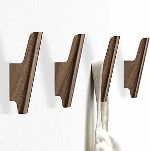 Wood Wall Hooks 4 Pack Coat Hooks Wall Mount Walnut Wooden Hooks for Hanging Hat, Bag, Backpack, Rustic Coat Hooks for Wall, Wood Towel Hooks for Bathrooms and Entryway Hooks (Walnut, Light)