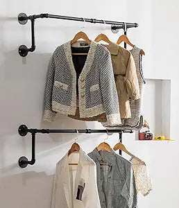 Homeyeeng Clothes Rack, Industrial Wall Pipe Clothing Rack for Hanging Clothes, Wall Mounted Heavy Duty Space Saving Garment Rack, Multi-Purpose Clothing Hanging Rods for Closet Storage, Black, 2Pcs