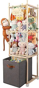 Stuffed Animal Storage Zoo Tower with 4 Brake Wheels & Bottom Storage Bin,Unpainted Natural Wood Large Plushies Storage Holder Organizer, Toy Storage for Playroom Bedroom Nursery