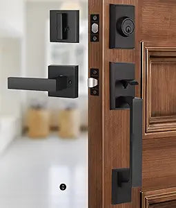 Heavy Duty Front Door Handle Set with Deadbolt,Exterior Door Lock Set with Reversible Door Lever, Matte Black