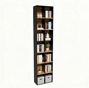 71" Tall Shallow Bookcase DVD Storage Shelf, 14 Cubes 7 Tier Narrow Wide Bookshelf with 6 Adjustable Shelves, Scratch & Moisture Resistant Media Cabinet for Living Room Study (Black-Oak)