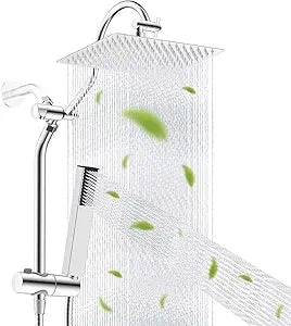 Hibbent cUPC Certified High Pressure 12'' Rainfall Shower Head, Showerhead Combo with 4-mode Handheld Spray, 12'' Adjustable Extension Arm, Extension Bar, Easy Reach Holder, 71'' Hose, Chrome