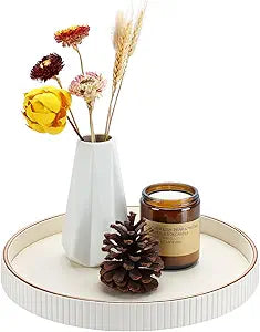 KINGFOM Round PU Leather Decorative Tray with Gold Trim, Catchall Tray for Jewelry, Keys & Small Accessories, Modern Vanity Tray for Dresser, Entryway & Bathroom Counter (Ivory White)