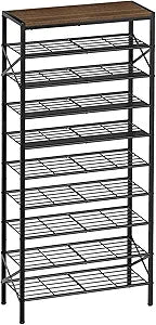 10-Tier Tall Shoe Rack Organizer Shoe Storage for Entryway 30-40 Pairs Metal Shoe Rack for Closet Heavy-Duty Shoe Rack with Wooden Top Shelf for Garage Rustic Brown