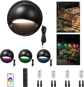 Low Voltage RGBCW Smart Deck Lights, 12V Bluetooth Mesh Black Outdoor Landscape Lighting with App & Remote Control, Replaceable G4 Bulb, IP65 Waterproof Aluminum for Step Stair Fence, 4 Pack