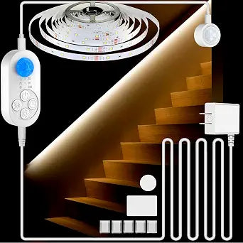 Dual Sensor Stair Light Strip, Double Motion Activated Sensor LED Strip Light for Stairway (Power Adapter (16.4FT Cable), Warm White 3000K (16.4FT White Light Strip))
