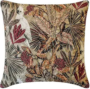 The HomeCentric Pack of 2 Decorative Throw Pillow Covers Sage 26"x26" Cotton Bird, Embroidery, Beaded, Handmade, Printed, Floral Outdoor Furniture Cushion Cover, Tropical Modern - Cockatoo Sage