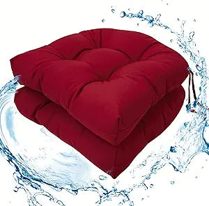 Outdoor/Indoor Chair Cushions Burgundy, Tufted Patio Seat Cushions Round Corner, 2 Pack Waterproof Chair Pads with Ties, 19"x19"x3.9"