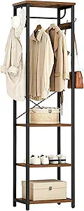 Coat Rack with Hanging Rod, Garment Rack with 3 Wooden Shelves and 4 Hooks, Freestanding Hall Tree, Industrial Clothes Rack Stand Organizer, Rustic Brown and Black