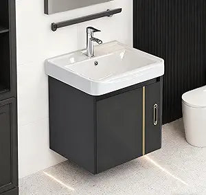 17-inch Grey-Gold Floating Mini Bathroom Vanity Unit with Sink Basin Set,Wall-Mounted Washbasin Vanity Unit for Bathrooms