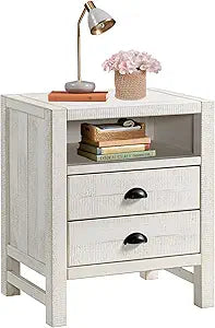Alaterre Furniture Arden Small Night Stand with 2 Drawers and Open Shelf - Modern Farmhouse 25 Tall Solid Wood End Table or Bedside Table with Storage for Kids Room or Bedroom (White Driftwood)