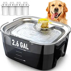 2.6 Gallon Dog Water Fountain Stainless Steel 10L Pet Fountain Cat Fountain Dog Bowl Dispenser 338oz Capacity for Multi Pet Homes 4 Filters with 7 Layer Dual Filter System Ultra Quiet Pump