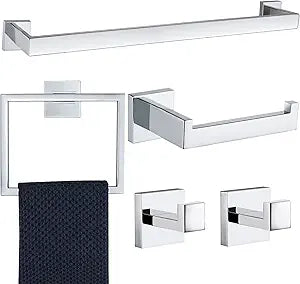 5 Pieces Bathroom Hardware Accessories Set Polished Chrome, 24Inch Bathroom Towel Rack Set SUS304 Stainless Steel, Square Bath Towel bar Set Wall Mounted, Heavy Duty