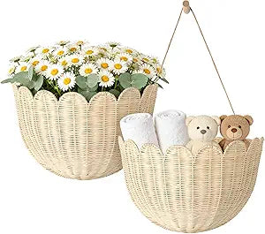 Natural Handwoven Scalloped Wall Basket Set of 2, Premium Rattan Wicker Wall Hanging Organizer for Boho Home Decor, Decorative Wall Storage for Bathroom, Entryway, Living Room & Craft Room