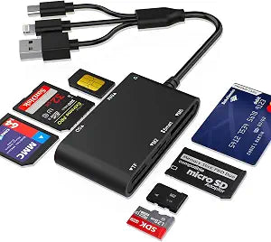 7-in-1 Smart Card Reader with 3-Port Connectivity Lightning/USB-C/USB-A Military CAC & PIV Card Reader, SD/TF/MS Pro Duo/M2/IC/SIM Adapter for Windows/macOS/Linux, Plug and Play