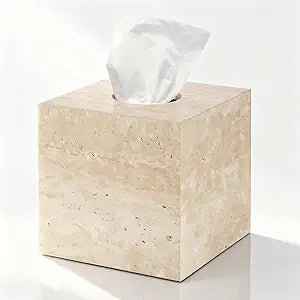 Natural Travertine Marble Tissue Box Holder Cover, Square Cube Tissue Box Holder with Open Bottom for Bathroom Vanity Tops, Bedroom Dressers, Kitchen Countertop, Travertine Beige(NS022)