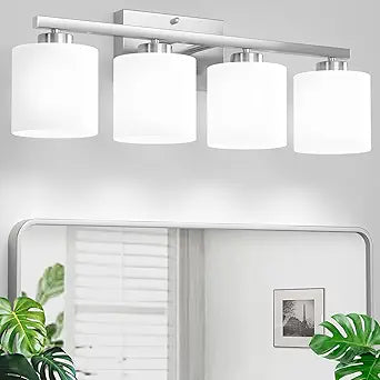 Honesorn 4-Light Bathroom Vanity Light Fixture, Brushed Nickel, Modern With Frosted Shade & Anti-Rust Finish, E26 Base Lighting