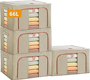 Large Storage Bags,Stackable Clothes Storage Bins with Hold Shape Metal Frame,Foldable Closet Organizer Containers with Zipper,Clear Window,Thick Fabric for Seasonal Clothing,Bedding (4 Pack, 66L)