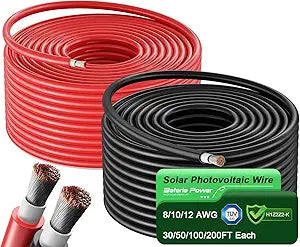 Bateria Power Solar Panel Wire 50Ft Black and 50Ft Red Kit, 10AWG (6mm) Solar Panel Extension Cable PV Tinned Copper Wire for Outdoor Home Off-Grid Photovoltaic Systems Automotive RV Boat Marine