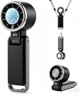 Portable Handheld Turbo Fan with Ice Cooling, 4000mAh Rechargeable, 8m/s High Speed Turbo Fan, 3-in-1 Hand/Neck/Desk Fan with Carabiner for Travel, Outdoor, Beach & Office