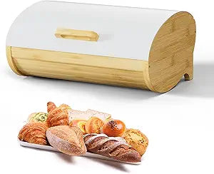 Modern Bread Box for Kitchen Countertop, Bamboo Storage Container with Stainless Steel Lid, Bread Storage Bin for Homemade Bread, Kitchen Storage Container for Potato and Onion and Fruit (White Large)