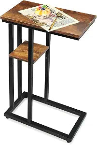 C Shaped Side Table for Sofa, Couch End Table for Small SpacesSkinny Couch Side Tables Slide Under Sofa Bed,Snack Table with Bamboo, Modern Rustic Brown